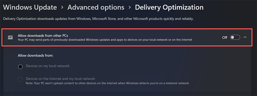 Disable Delivery Optimization from settings